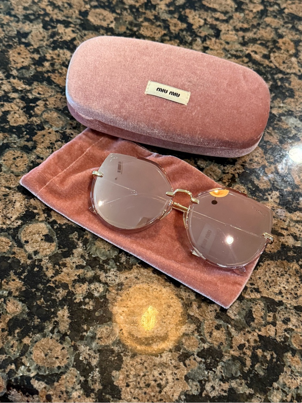 Miu Miu Gold Frame Sunglasses with Pink Lenses and Pink Velvet Case